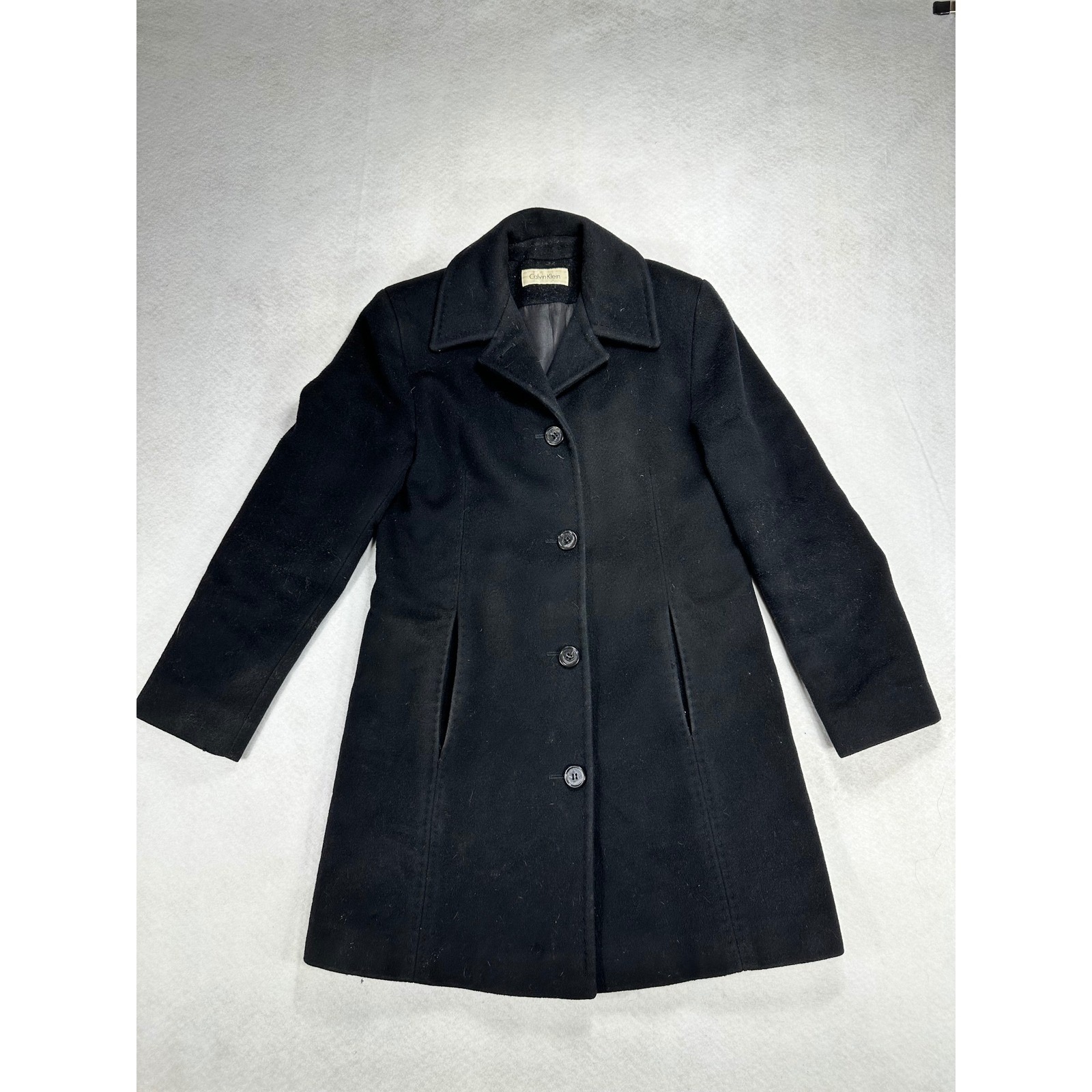 Vintage Calvin Klein Black Merino Wool Coat Women 6 Union Made Mid Length Jacket